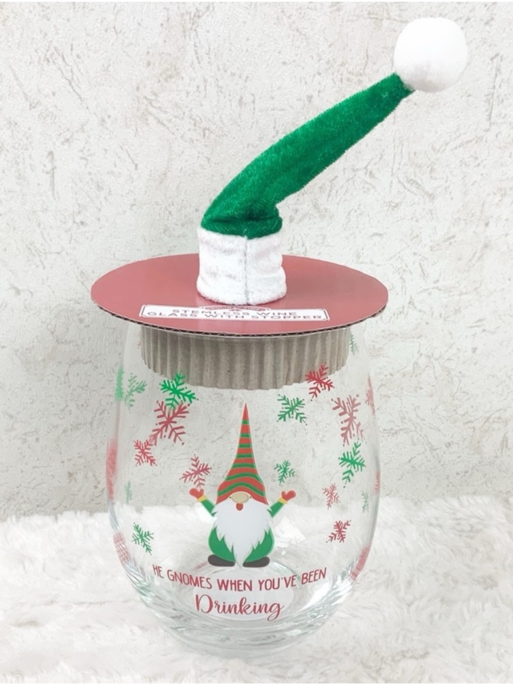 Holiday Time Gnome Stemless Wine Glass 20 Oz Santa Hat Stopper Christmas Whimsy